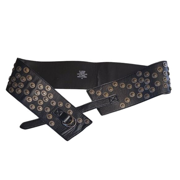 VTG Y2K Black Faux Leather Studded 3" Wide Grunge Belt Size Medium - Picture 8 of 15